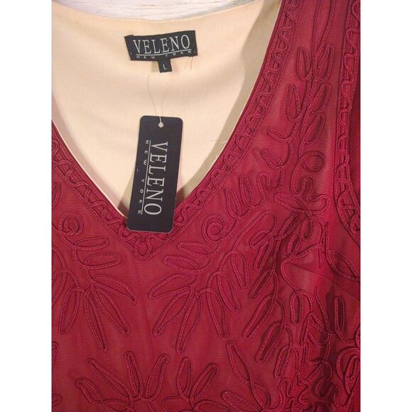 VELENO New York Burgundy Embroidered Sheer Blouse L 3/4 Sleeve Deadstock NWT - Picture 4 of 7